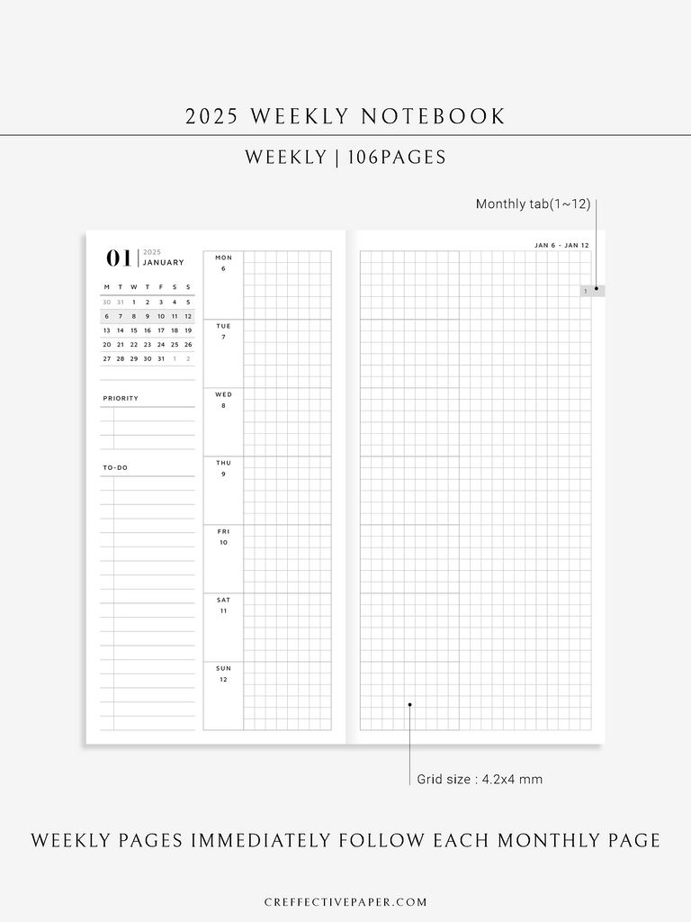 2025 Weekly Notebook, Weeks size – CreffectivePaper