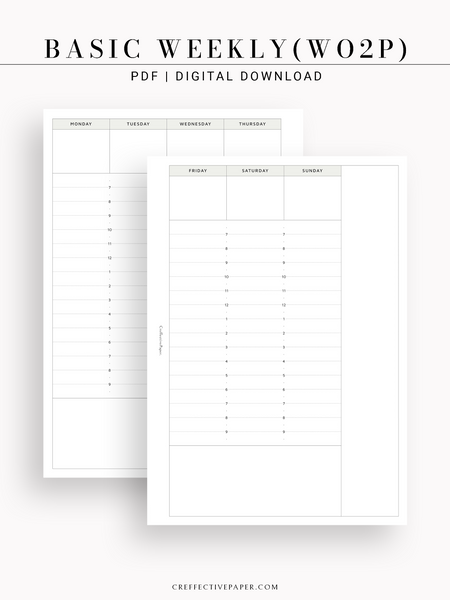 W120 | Basic Weekly Schedule Planner, Week on Two Pages