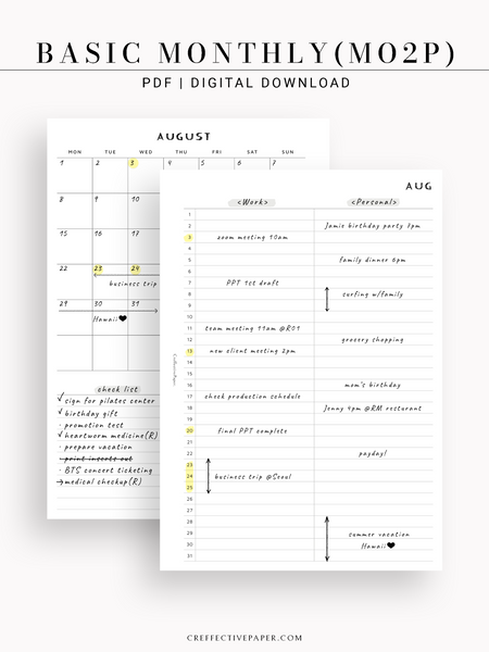 M116 | Basic Monthly Planner Inserts, Bullet Journal Template, MO2P