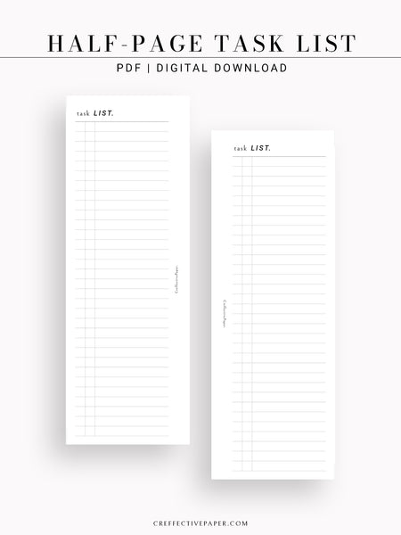 D115 | Half Page Task List Template, Printable Planner Inserts