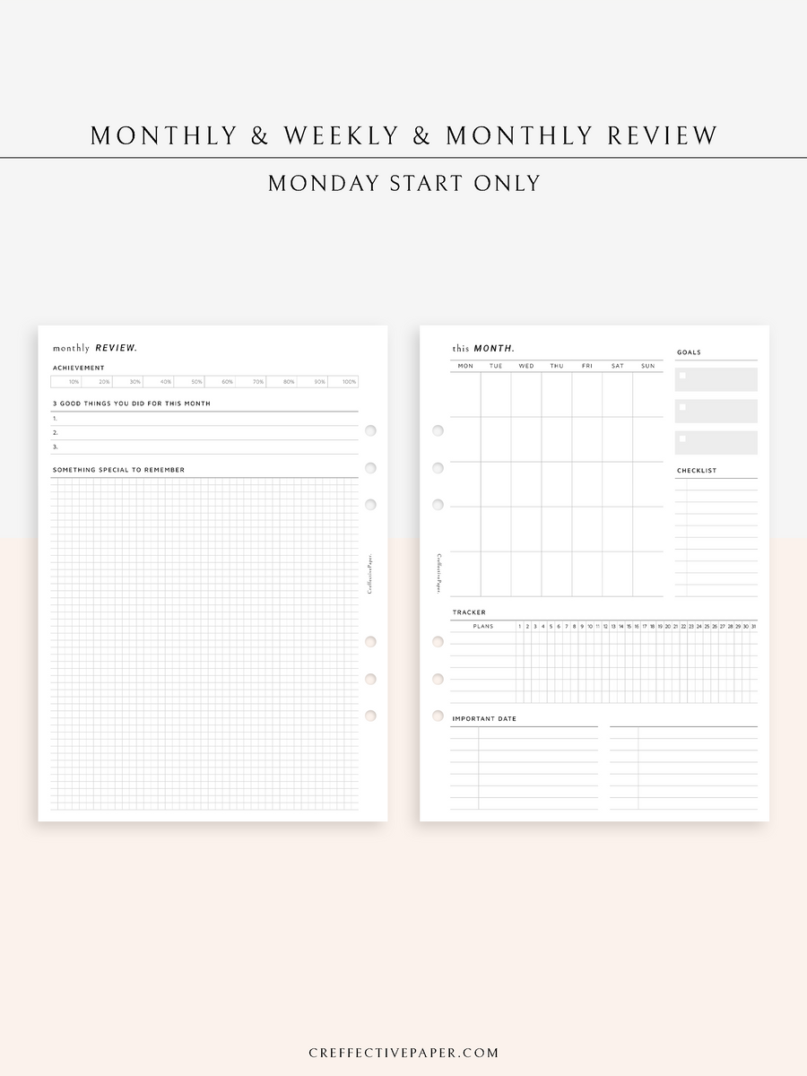 W118 | Monthly+Weekly+Review Total Planner Inserts Template, Monday ...