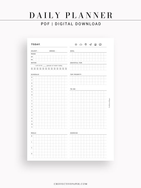 D102 | Daily Planner Inserts Printable Template, Minimal Grid Layout