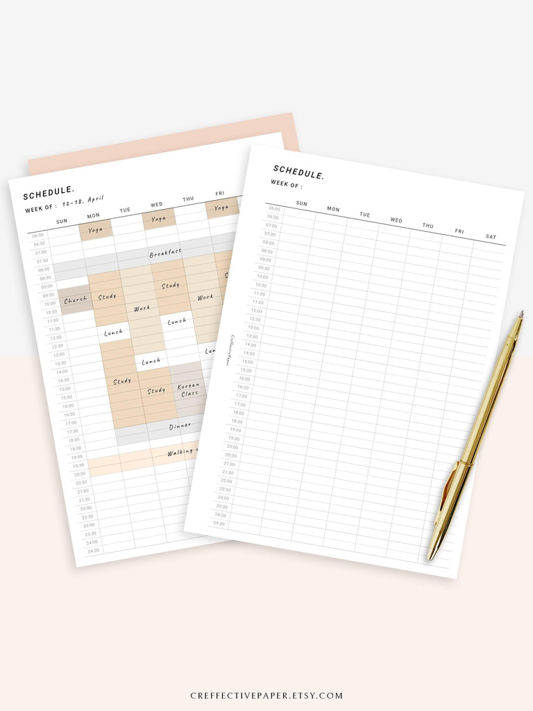W106 | Weekly Schedule Planner Inserts, Time Table Template Printable – CreffectivePaper