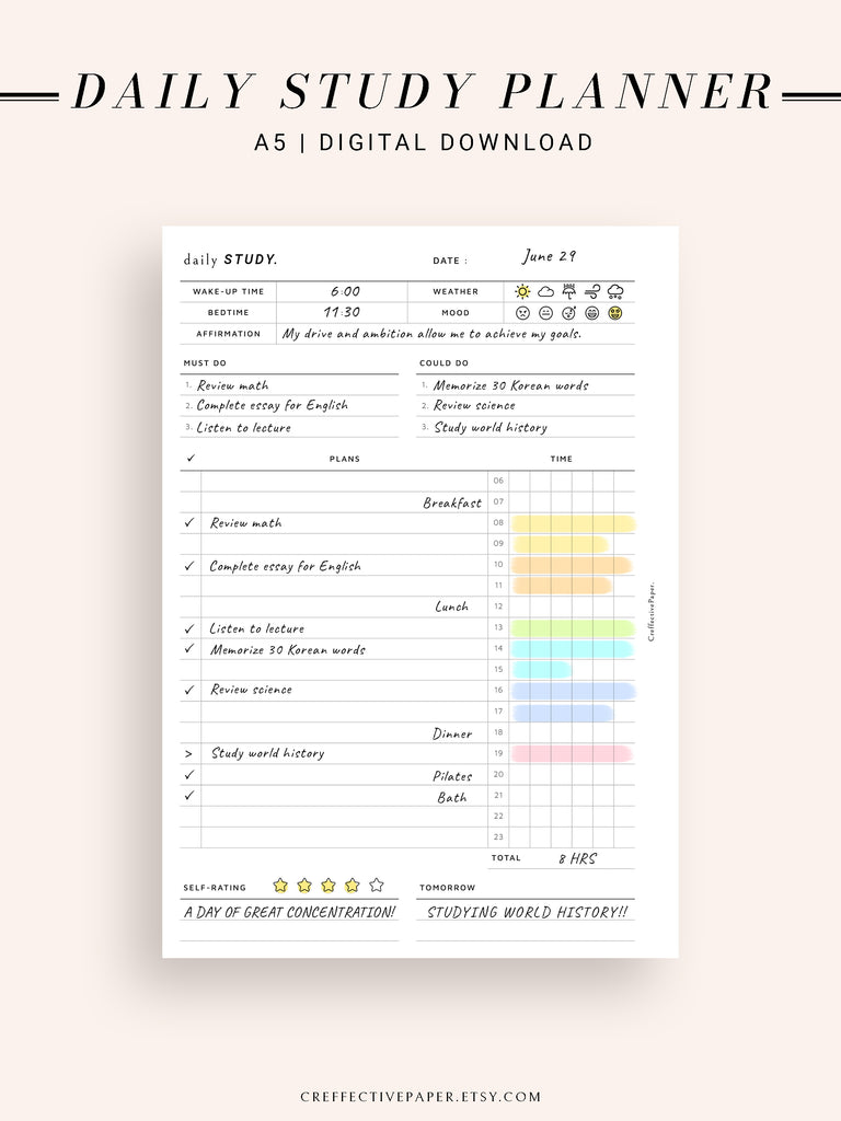 D108 | Daily Study Planner Inserts Printable Template – CreffectivePaper