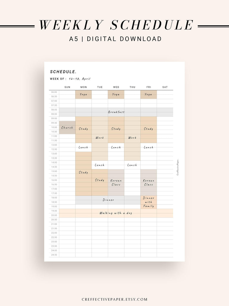 W106 | Weekly Schedule Planner Inserts, Time Table Template Printable – CreffectivePaper