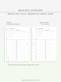 M108 | Monthly Overview, Month on a Page Printable Planner Inserts