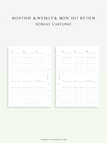 W118 | Monthly+Weekly+Review Total Planner Inserts Template, Monday Start Only