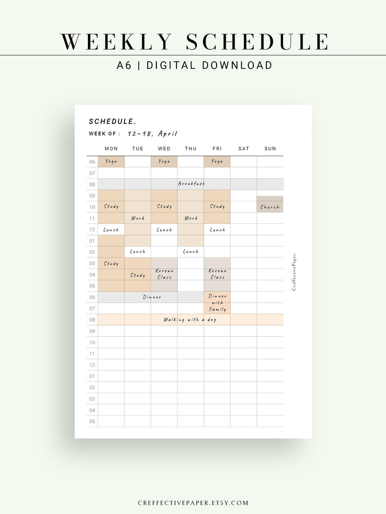 W106 | Weekly Schedule Planner Inserts, Time Table Template Printable – CreffectivePaper