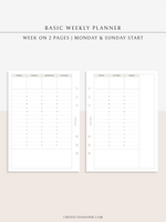 W120 | Basic Weekly Schedule Planner, Week on Two Pages