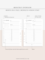 M108 | Monthly Overview, Month on a Page Printable Planner Inserts