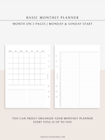 M116 | Basic Monthly Planner Inserts, Bullet Journal Template, MO2P