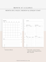 M107 | Month at a Glance, Monthly Overview, Month on 2 Pages
