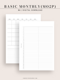 M116 | Basic Monthly Planner Inserts, Bullet Journal Template, MO2P