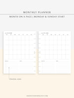 M112 | Month on a Page, Monthly Planner Printable Inserts