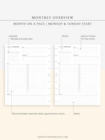 M108 | Monthly Overview, Month on a Page Printable Planner Inserts