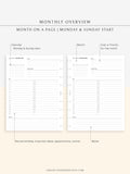 M108 | Monthly Overview, Month on a Page Printable Planner Inserts