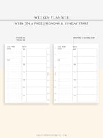W108 | Week on a Page, Weekly Planner Printable Inserts Template