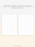 W118 | Monthly+Weekly+Review Total Planner Inserts Template, Monday Start Only