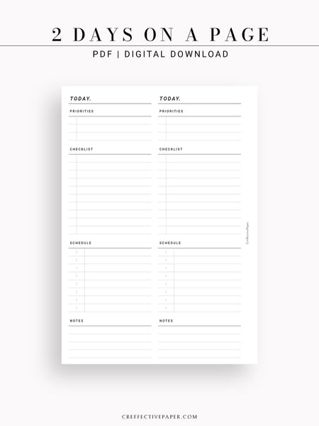 D101 | Printable Daily Planner Inserts Template, 2 Days on a Page