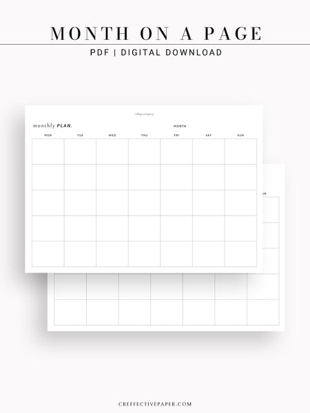 M111 | Horizontal Monthly Planner Printable Inserts, Month on a Page