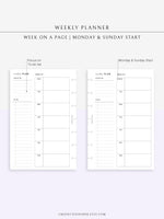 W108 | Week on a Page, Weekly Planner Printable Inserts Template