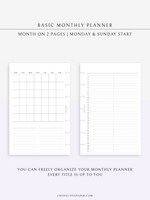M116 | Basic Monthly Planner Inserts, Bullet Journal Template, MO2P