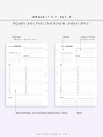 M108 | Monthly Overview, Month on a Page Printable Planner Inserts