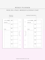 W108 | Week on a Page, Weekly Planner Printable Inserts Template