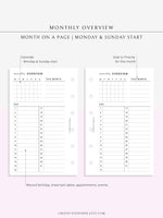 M108 | Monthly Overview, Month on a Page Printable Planner Inserts
