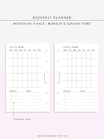M112 | Month on a Page, Monthly Planner Printable Inserts