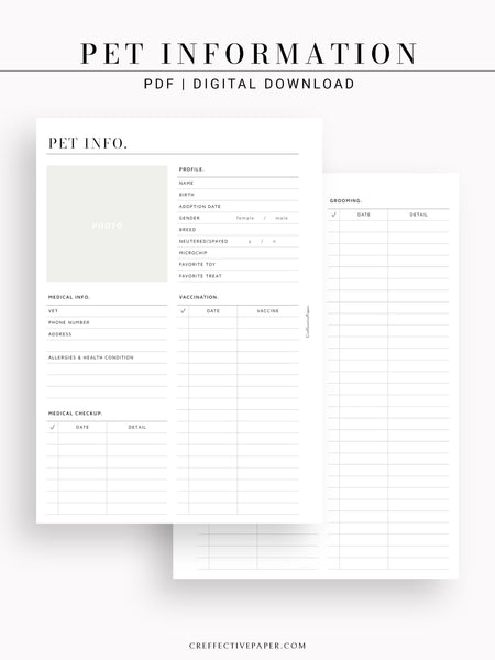 N110 | Printable Pet Information & Care Planner Template