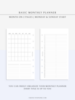 M116 | Basic Monthly Planner Inserts, Bullet Journal Template, MO2P