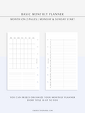 M116 | Basic Monthly Planner Inserts, Bullet Journal Template, MO2P