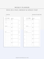 W108 | Week on a Page, Weekly Planner Printable Inserts Template