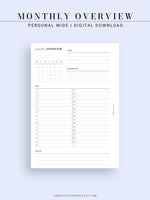 M108 | Monthly Overview, Month on a Page Printable Planner Inserts