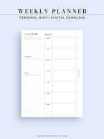 W108 | Week on a Page, Weekly Planner Printable Inserts Template