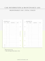 N111 | Vehicle Maintenance Log Printable, Car Repair Tracker Template