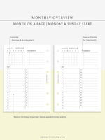 M108 | Monthly Overview, Month on a Page Printable Planner Inserts