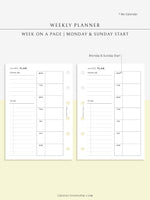 W108 | Week on a Page, Weekly Planner Printable Inserts Template