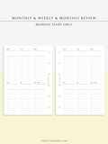 W118 | Monthly+Weekly+Review Total Planner Inserts Template, Monday Start Only
