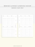 W118 | Monthly+Weekly+Review Total Planner Inserts Template, Monday Start Only