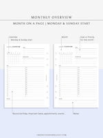 M108 | Monthly Overview, Month on a Page Printable Planner Inserts
