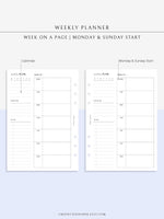 W108 | Week on a Page, Weekly Planner Printable Inserts Template