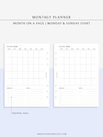 M112 | Month on a Page, Monthly Planner Printable Inserts