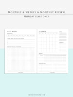 W118 | Monthly+Weekly+Review Total Planner Inserts Template, Monday Start Only