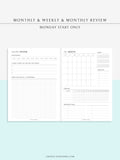 W118 | Monthly+Weekly+Review Total Planner Inserts Template, Monday Start Only