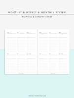 W118 | Monthly+Weekly+Review Total Planner Inserts Template, Monday Start Only