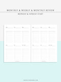 W118 | Monthly+Weekly+Review Total Planner Inserts Template, Monday Start Only