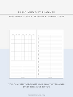 M116 | Basic Monthly Planner Inserts, Bullet Journal Template, MO2P