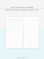 M116 | Basic Monthly Planner Inserts, Bullet Journal Template, MO2P